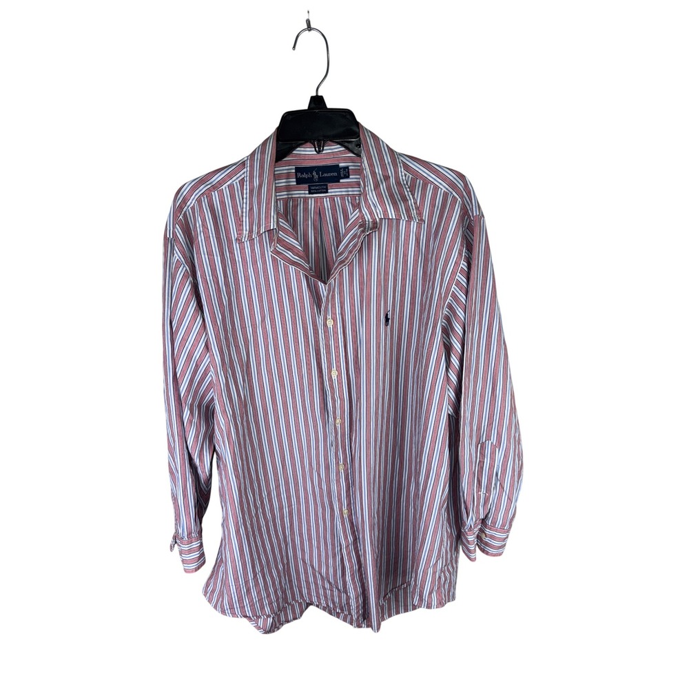 Polo Ralph Lauren Yarmouth Shirt Mens 17 32/33 Red Blue White Striped Cotton L/S